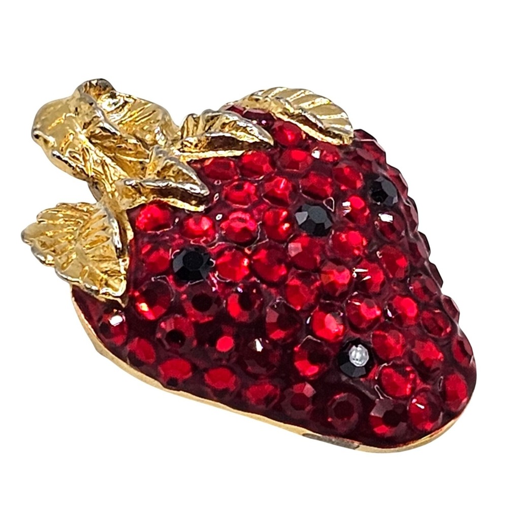Vtg Signed Strawberry Fruit Brooch Pendant Rhinestone Gold Tone Figural Red Pin